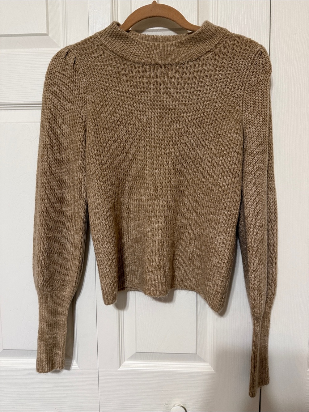 Women's Taupe Crewneck Knit Sweater with Puff Shoulder